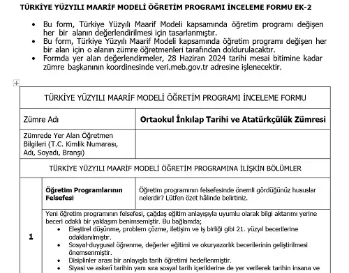 Maarif Modeli Ortaokul İnkılap Tarihi ve Atatürkçülük Programı İnceleme Formu Ek-2 (Doldurulmuş Hali)