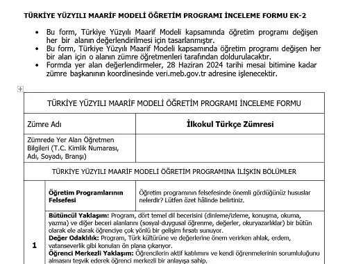 Maarif Modeli İlkokul Türkçe Programı İnceleme Formu Ek-2 (Doldurulmuş Hali)