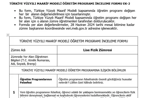 Maarif Modeli Lise Fizik Programı İnceleme Formu Ek-2 (Doldurulmuş Hali)