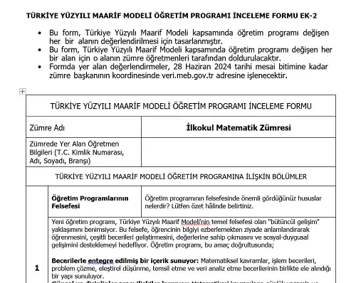 Maarif Modeli İlkokul Matematik Programı İnceleme Formu Ek-2 (Doldurulmuş Hali)
