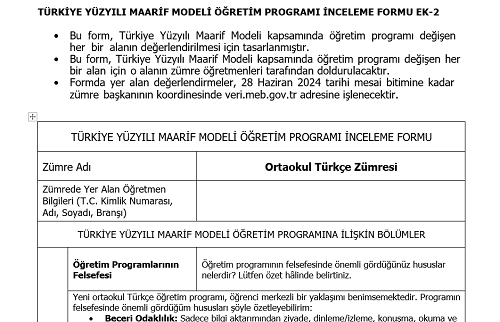 Maarif Modeli Ortaokul Türkçe Programı İnceleme Formu Ek-2 (Doldurulmuş Hali)