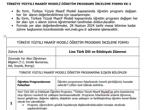 Maarif Modeli Lise Türk Dili ve Edebiyatı Programı İnceleme Formu Ek-2 (Doldurulmuş Hali)