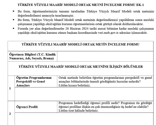 2024 Haziran Seminer Dönemi Mesleki Çalışma Programı - Türkiye Yüzyılı Maarif Modeli Ortak Metni İnceleme Formu