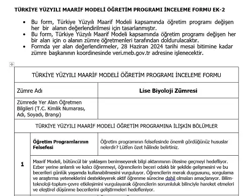 Maarif Modeli Lise Biyoloji Programı İnceleme Formu Ek-2 (Doldurulmuş Hali)