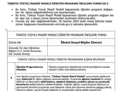 Maarif Modeli İlkokul Sosyal Bilgiler Programı İnceleme Formu Ek-2 (Doldurulmuş Hali)