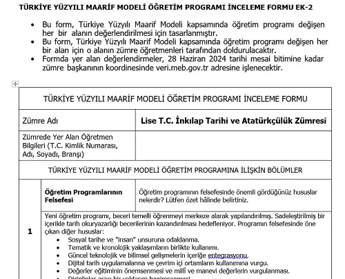 Maarif Modeli Lise T.C. İnkılap Tarihi ve Atatürkçülük Programı İnceleme Formu Ek-2 (Doldurulmuş Hali)
