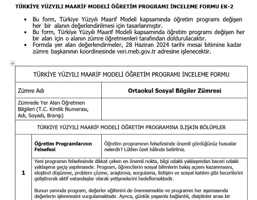 Maarif Modeli Ortaokul Sosyal Bilgiler Programı İnceleme Formu Ek-2 (Doldurulmuş Hali)