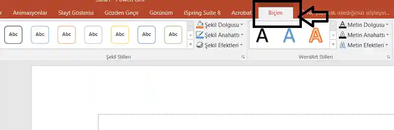 PowerPoint Şeritteki Çizim Araçları Biçimi sekmesi